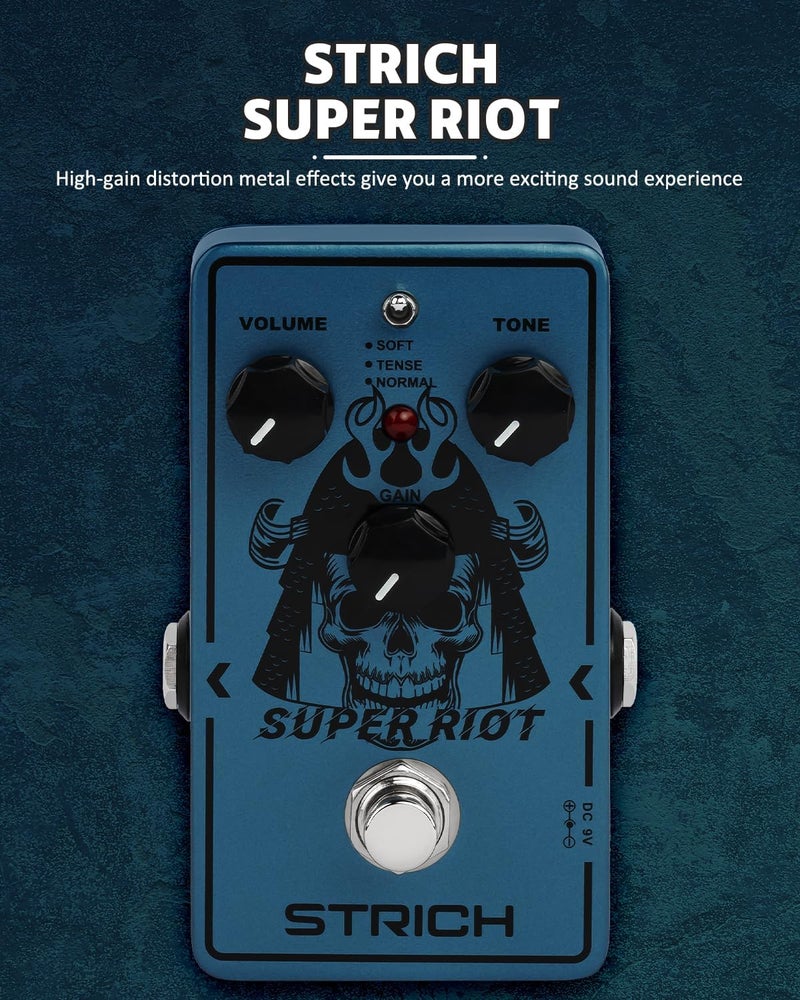 STRICH SUPER RIOT High Gain Distortion Pedal for Electric Guitar, Compact and Mini Design, True Bypass, 3 Control Knobs, Volume, Tone, Gain, Three Modes, Soft, Tense, Normal, 9V DC, Dark Blue - Image 3